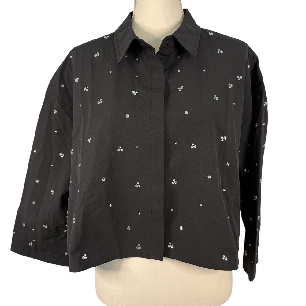 Aleeza Paris T311 Black Rhinestone‎ Embellished Cropped Button Down Shirt XL NEW